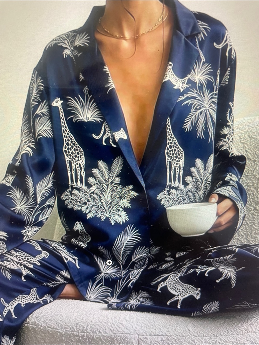 Navy Blue Giraffe & Palm Print Satin Pajama Set